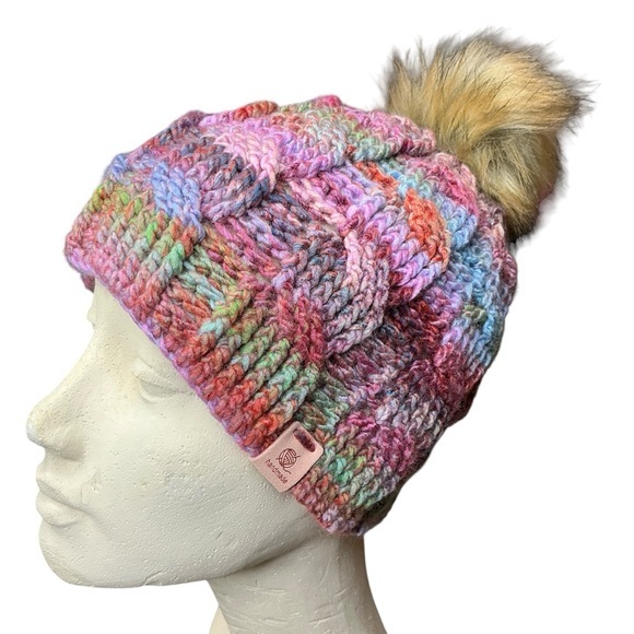 Cable Knit Crochet Beanie Hat Handcrafted Colorful With Faux Fur Pom Handmade - Picture 1 of 16